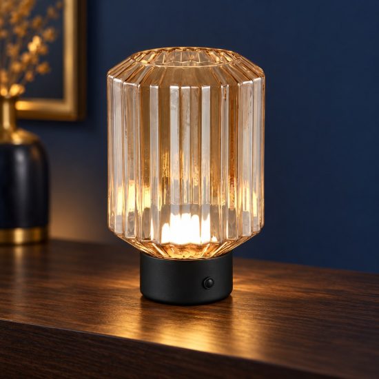 Abat-jour ricaricabile led 1,5w 3000k per comodino nero con vetro rigato ambra