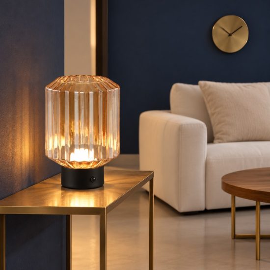 Abat-jour ricaricabile led 1,5w 3000k per comodino nero con vetro rigato ambra
