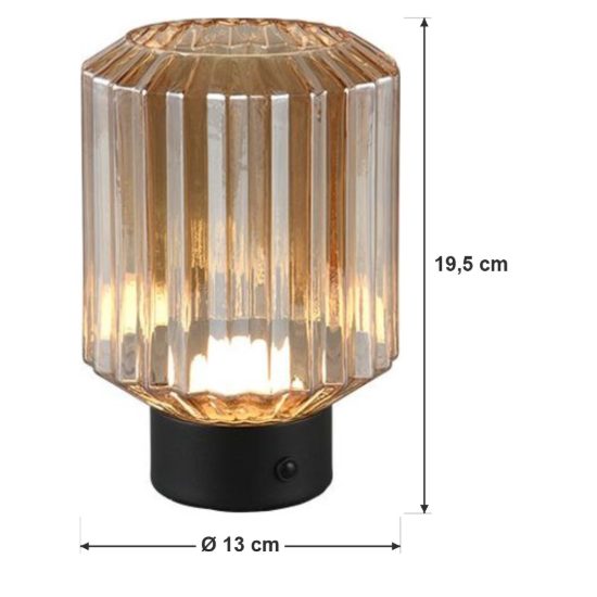 Abat-jour ricaricabile led 1,5w 3000k per comodino nero con vetro rigato ambra