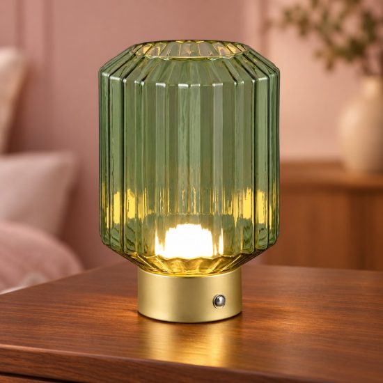 Abat-jour ricaricabile led 1,5w 3000k per comodino ottone satinato con vetro rigato verde