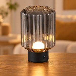 Abat-jour ricaricabile led 1,5w 3000k per comodino nero con vetro rigato fume