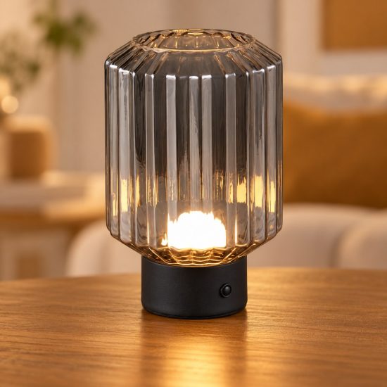 Abat-jour ricaricabile led 1,5w 3000k per comodino nero con vetro rigato fume
