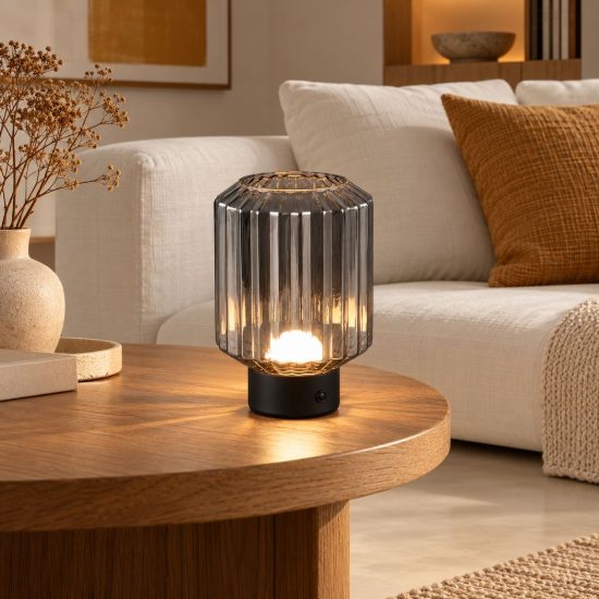 Abat-jour ricaricabile led 1,5w 3000k per comodino nero con vetro rigato fume