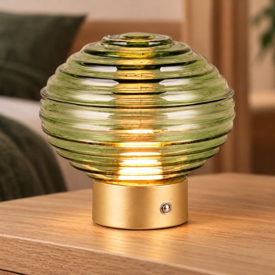 Abat-jour ricaricabile led 1,5w 3000k touch per comodino ottone satinato con vetro verde