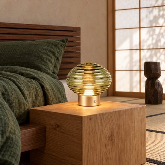 Abat-jour ricaricabile led 1,5w 3000k touch per comodino ottone satinato con vetro verde