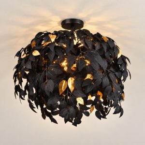 Plafoniera 3 luci per soggiorno moderna nera con foglie lavabili nere oro