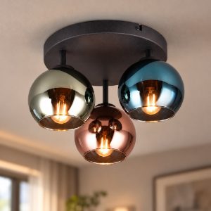 Plafoniera 3 luci moderna nera con vetri multicolore effetto specchio
