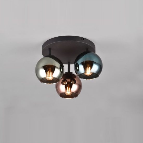 Plafoniera 3 luci moderna nera con vetri multicolore effetto specchio