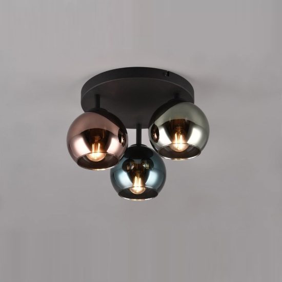 Plafoniera 3 luci moderna nera con vetri multicolore effetto specchio