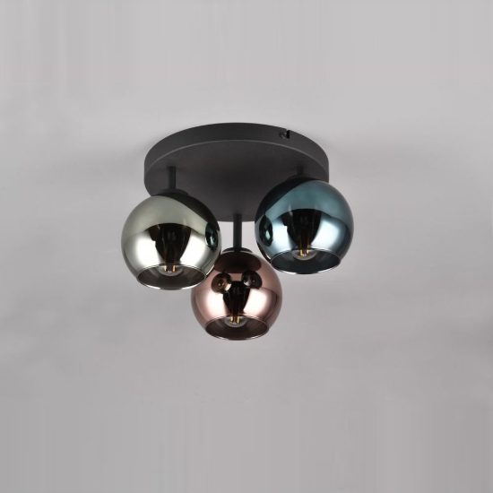 Plafoniera 3 luci moderna nera con vetri multicolore effetto specchio
