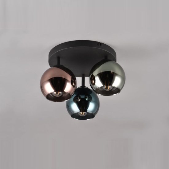 Plafoniera 3 luci moderna nera con vetri multicolore effetto specchio