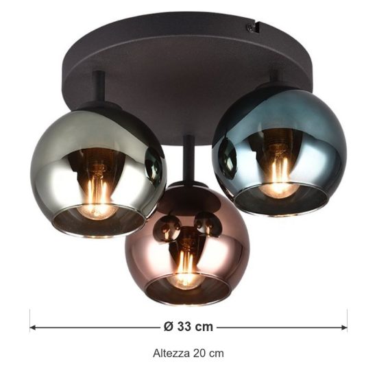Plafoniera 3 luci moderna nera con vetri multicolore effetto specchio