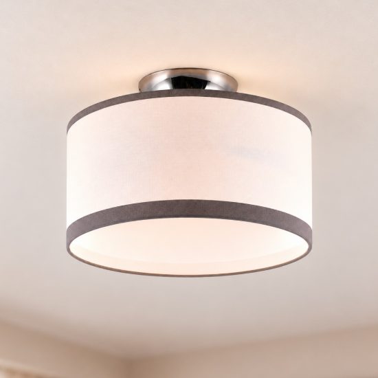 Plafoniera 2 luci moderna cromo con paralume in tessuto bianco grigio