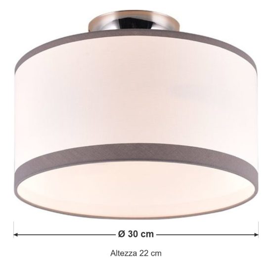 Plafoniera 2 luci moderna cromo con paralume in tessuto bianco grigio