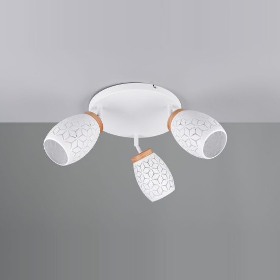Plafoniera con 3 faretti moderna bianca con effetto legno decoro traforato