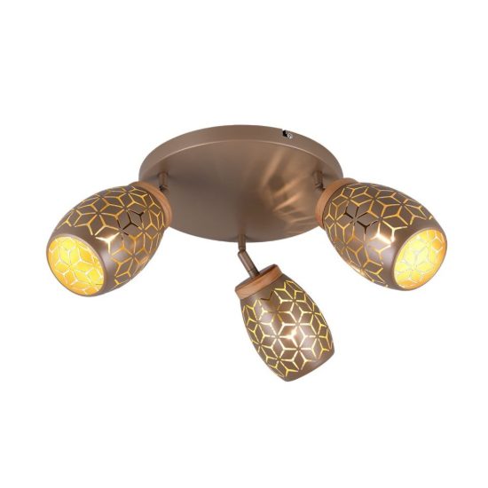 Plafoniera con 3 faretti moderna caffe oro con effetto legno decoro traforato