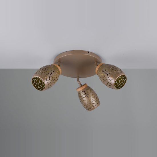 Plafoniera con 3 faretti moderna caffe oro con effetto legno decoro traforato