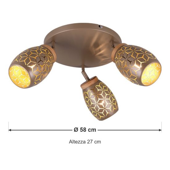 Plafoniera con 3 faretti moderna caffe oro con effetto legno decoro traforato