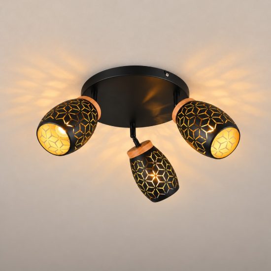 Plafoniera con 3 faretti moderna nera oro con effetto legno decoro traforato