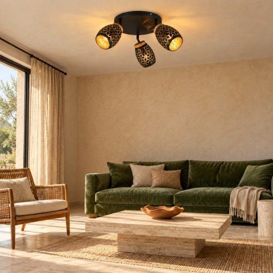 Plafoniera con 3 faretti moderna nera oro con effetto legno decoro traforato