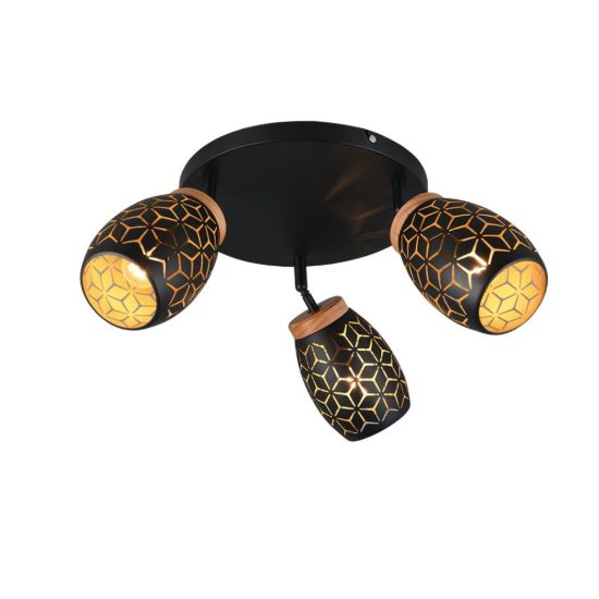 Plafoniera con 3 faretti moderna nera oro con effetto legno decoro traforato