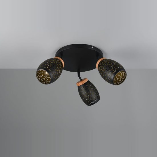 Plafoniera con 3 faretti moderna nera oro con effetto legno decoro traforato