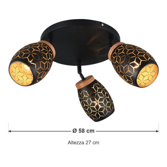 Plafoniera con 3 faretti moderna nera oro con effetto legno decoro traforato
