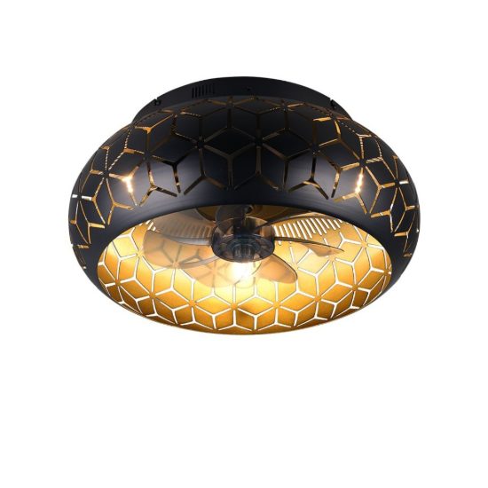 Ventilatore da soffitto con 3 luci telecomando nero oro con decoro traforato