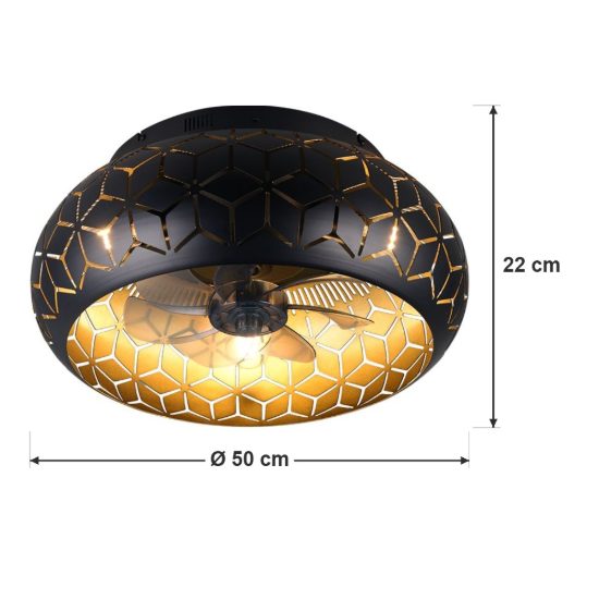 Ventilatore da soffitto con 3 luci telecomando nero oro con decoro traforato