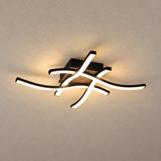 Plafoniera led 20w 3000k per cucina moderna con 4 bacchette ondulate nera effetto legno
