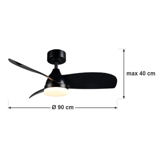 Ventilatore da soffitto con luce led 20w cct 2700k 6500k con telecomando nero con 3 pale