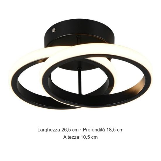 Plafoniera led 7w 3000k moderna nera con diffusore a doppio cerchio