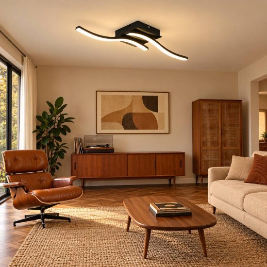 Plafoniera led 12w 4000k per soggiorno moderna nera con 2 bacchette ondulate