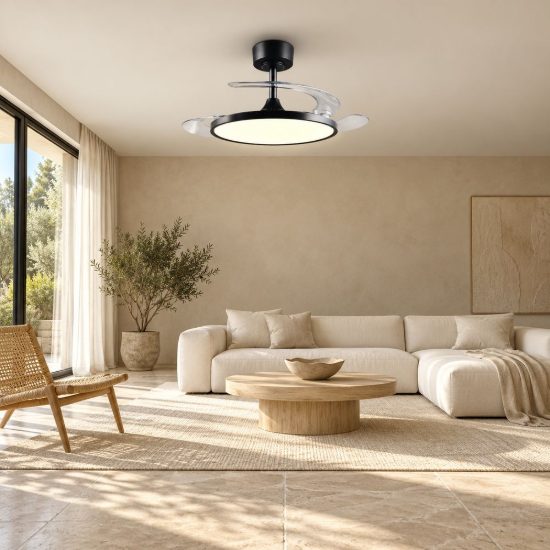 Ventilatore da soffitto con luce led 30w cct 2700k 6500k con telecomando nero con pale a scomparsa