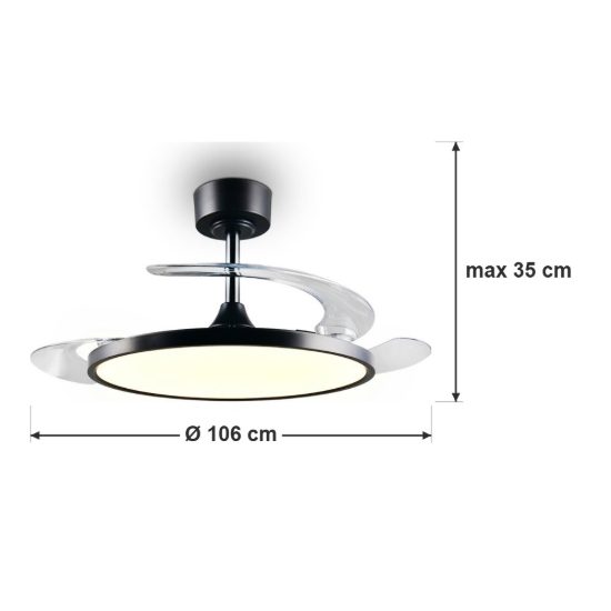 Ventilatore da soffitto con luce led 30w cct 2700k 6500k con telecomando nero con pale a scomparsa