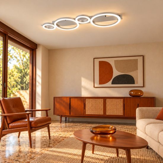 Plafoniera led 26,5w 4000k per soggiorno moderna cromo alluminio con 4 cerchi luminosi