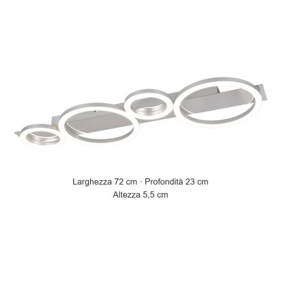 Plafoniera led 26,5w 4000k per soggiorno moderna cromo alluminio con 4 cerchi luminosi