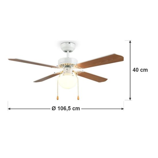 Ventilatore da soffitto con luce comando a catena bianco con 4 pale in mdf