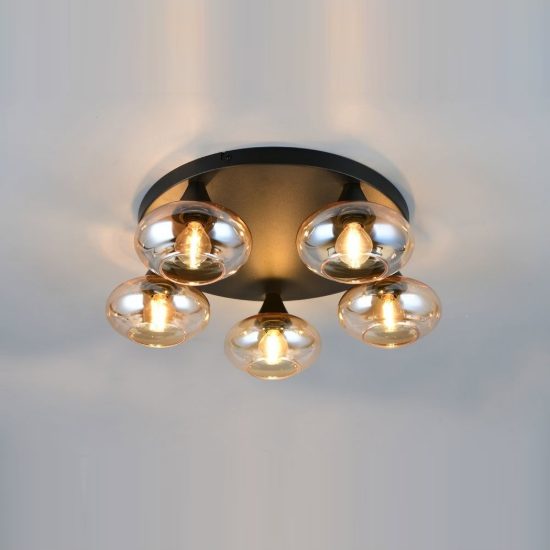 Plafoniera 5 luci per soggiorno moderna nera con vetri ambra