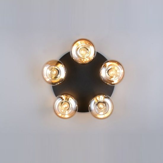 Plafoniera 5 luci per soggiorno moderna nera con vetri ambra
