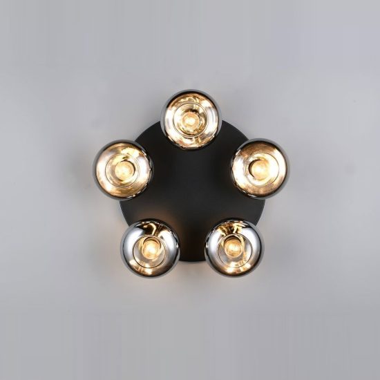 Plafoniera 5 luci per soggiorno moderna nera con vetri fume