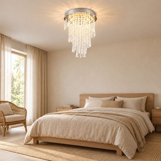 Plafoniera led 18w cct 2700k 6500k con telecomando moderna cromo con pendenti scintillanti