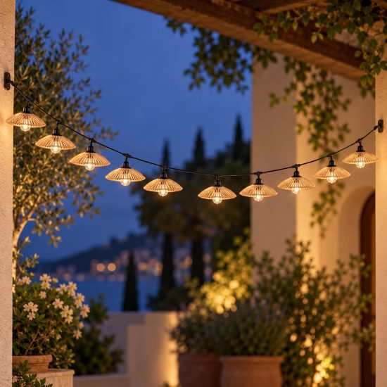 Catena luminosa da esterno 10 luci ip44 nera con paralumi color canapa naturale