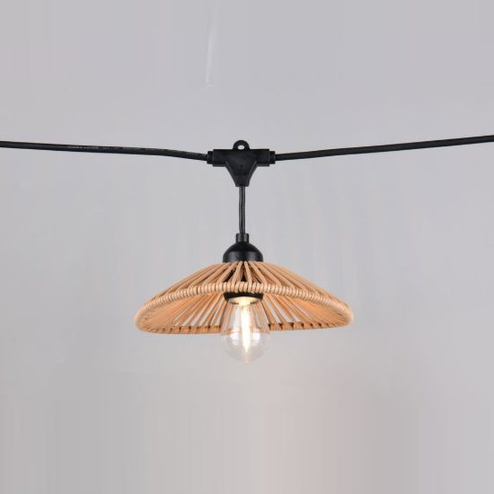 Catena luminosa da esterno 10 luci ip44 nera con paralumi color canapa naturale