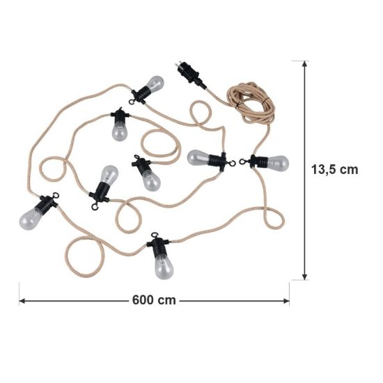 Catena luminosa da esterno 8 luci led 8x0,4w 2700k ip44 nera canapa naturale
