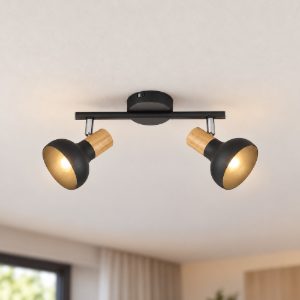 Plafoniera con 2 faretti moderna nera con effetto legno