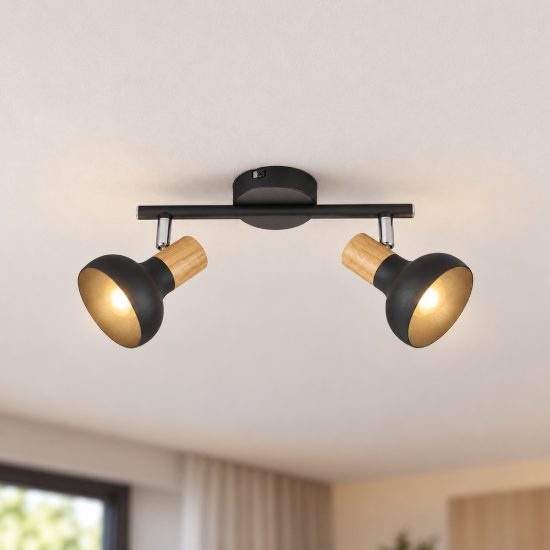 Plafoniera con 2 faretti moderna nera con effetto legno