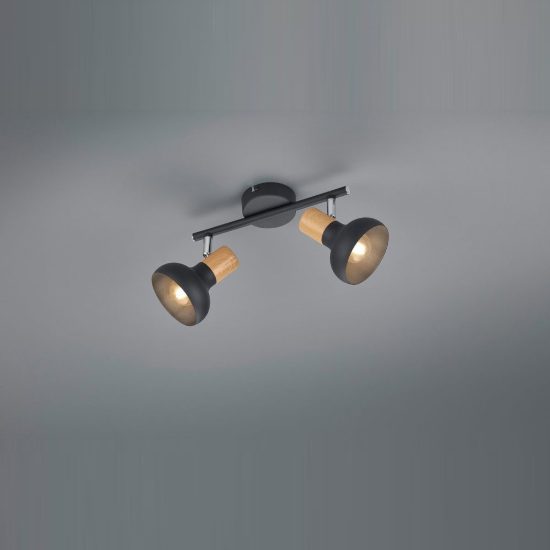 Plafoniera con 2 faretti moderna nera con effetto legno