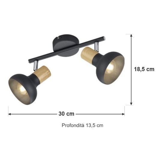 Plafoniera con 2 faretti moderna nera con effetto legno