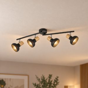 Plafoniera con 4 faretti orientabili moderna nera con effetto legno